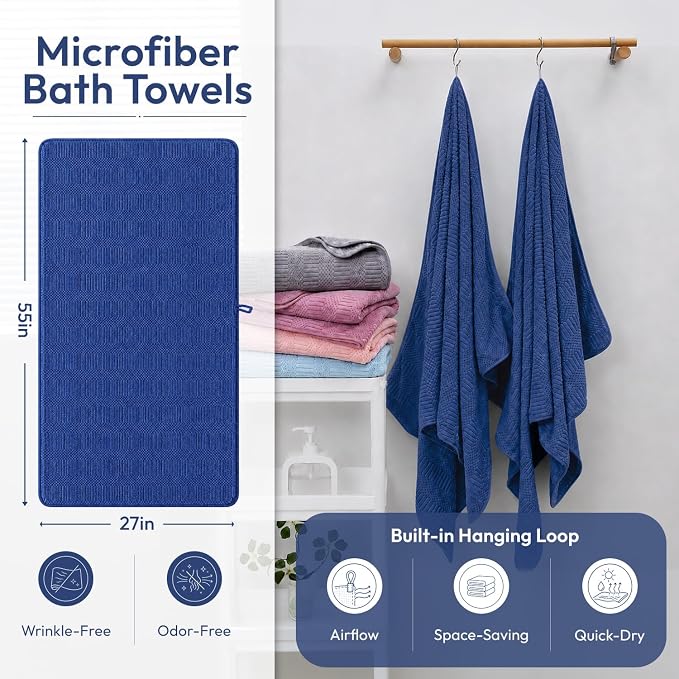 JML Microfiber Bath Towels, 2 Pack, 27x55 in, Navy | Soft, Super Absorbent, Quick Dry, Lint-Free, Lightweight Bathroom Towel with Hanging Loop for Daily Use