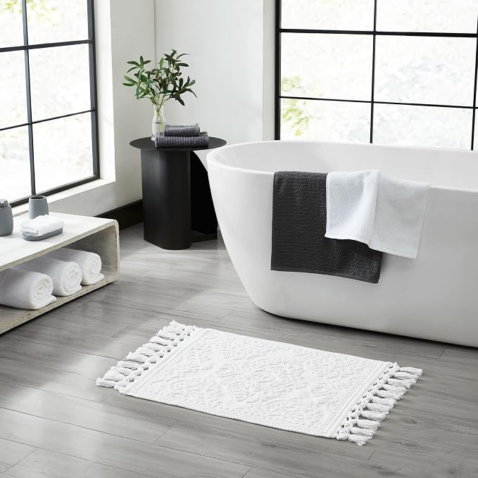 Jean Pierre - Ricardo Bath Mat, Woven Fringe Bathroom Rugs, 100% Cotton, Premium Bathroom Decor - Measures 17" x 31" - White