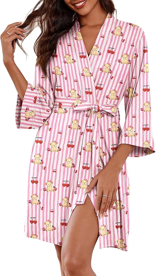 Ekouaer Women Kimono Robes Knee Length Knit Bathrobe Lightweight Soft Sleepwear V-neck Casual Ladies Loungewear