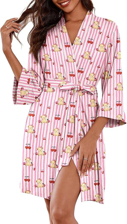 Ekouaer Women Kimono Robes Knee Length Knit Bathrobe Lightweight Soft Sleepwear V-neck Casual Ladies Loungewear