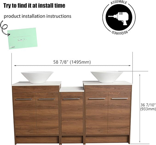 60" Bathroom Vanity with Ceramic Sink, Freestanding Double Sink Bathroom Vanity Combo, 60 Inch Modern Bathroom Storage Vanity, Brown Floor Stand Cabinet Set(BRE217, 60 * 18)