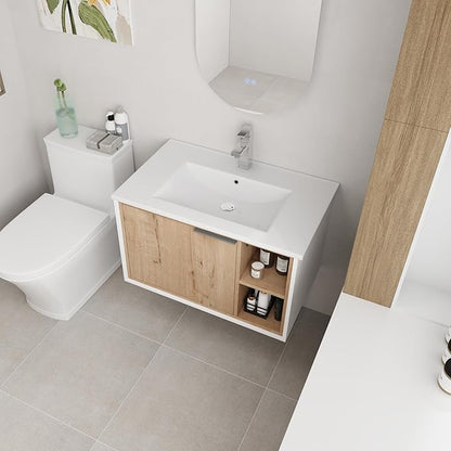 30 Inch Bathroom Vanity with Sink, 30" Single Sink Wall Mounted Bathroom Vanities with Open Storage Space and Ceramic Basin Top, Modern Bath Storage Cabinet Set for Small Space, Imitative Oak