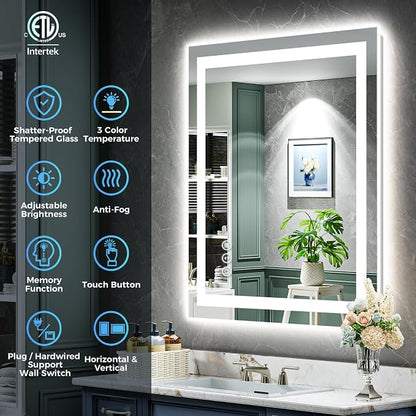 20x28 LED Bathroom Mirror with Lights, Lighted Vanity Mirror | Backlit and Front Light, Anti-Fog, 3 Color Dimmable, Memory, Tempered Glass, IP54 Waterproof, UL Listed