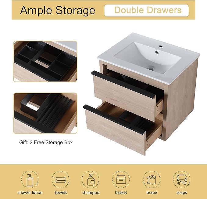 Malwee 24" Floating Bathroom Vanity with Sink, 24 Inch Single Sink Wall Mounted Bathroom Vanity Combo, with 2 Drawers and White Ceramic Basin Top, Bath Wall-Hung Cabinet Set with Storage.MA02524PLO