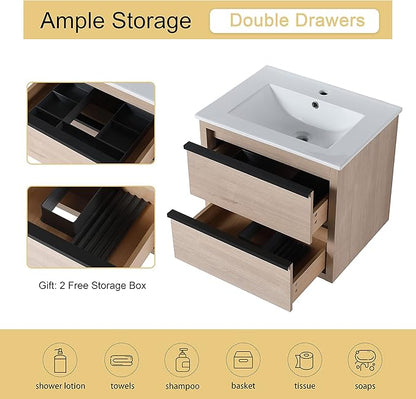 Malwee 24" Floating Bathroom Vanity with Sink, 24 Inch Single Sink Wall Mounted Bathroom Vanity Combo, with 2 Drawers and White Ceramic Basin Top, Bath Wall-Hung Cabinet Set with Storage.MA02524PLO