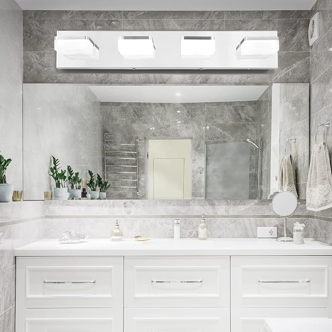 GOODATE 3 Colors Dimmable Vanity Lights for Bathroom, LED Chrome 4 Light Vanity Light, Acrylic Stainless Steel Bathroom Light Fixtures Over Mirror, Adjustable 3000K/4000K/6000K, 360° Rotate
