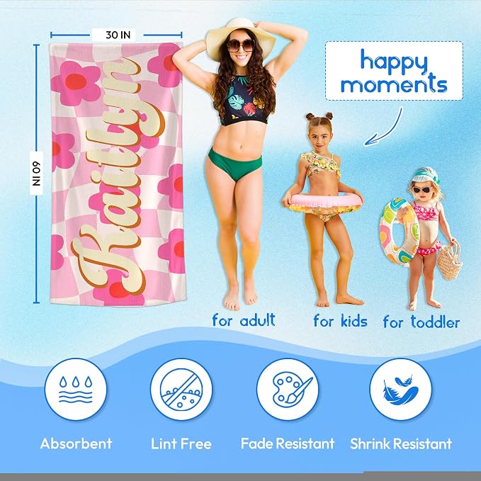 JML Personalized Beach Towel with Name, Custom Flower Beach Towel, Customized Microfiber Pool Towel, Quick Dry & Absorbent Swim Towel for Adult,Anniversary, Birthday, Summer Holiday,Vacation