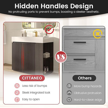 36" Bathroom Vanity with Sink, Freestanding Single Sink Bathroom Vanity with White Engineered Stone Top & Open Side Storage, Soft-Closing Doors with Adjustable Shelf, Smoked Oak Brown