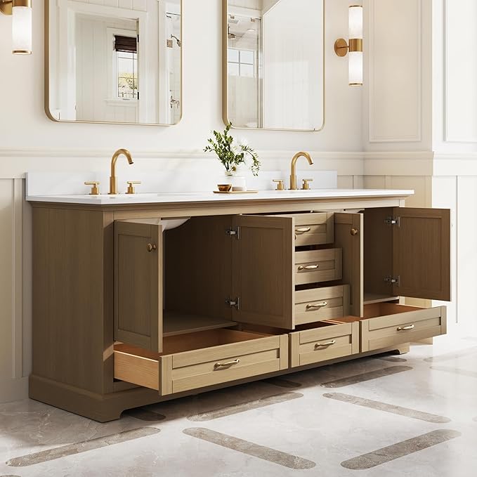 WELLFOR 80" Bathroom Vanity with Double Sinks, Bathroom Freestanding Vanity W/4 Soft-Close Doors and 6 Drawers, Large Storage Space Vanity, Cultured Marble Countertop (Oak)