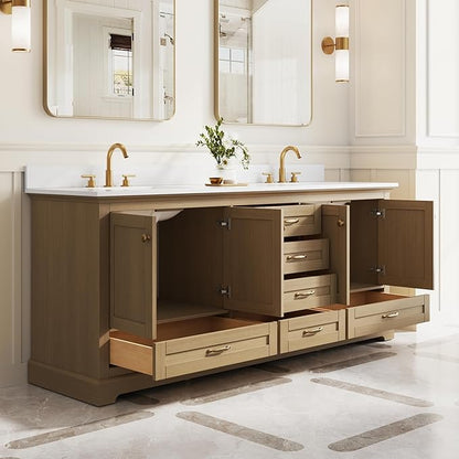 WELLFOR 80" Bathroom Vanity with Double Sinks, Bathroom Freestanding Vanity W/4 Soft-Close Doors and 6 Drawers, Large Storage Space Vanity, Cultured Marble Countertop (Oak)