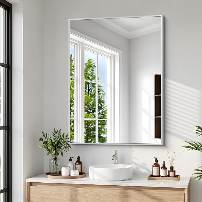 BONEWEI Silver Bathroom Mirror,24x30 inch Wall Mirror for Bathroom Wall Mounted,Rectangle Mirror for Bathroom Over Sink,Modern Metal Frame for Living Room,Bedroom Entryway,Horizontal/Vertical
