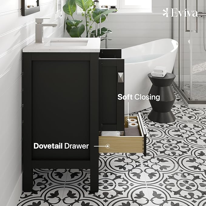 Eviva London 20 Inch Bathroom Vanity with Sink - Freestanding 20 Vanity with Sink Combo - Espresso Bathroom Vanities W/Porcelain Sink and Quartz Countertop for Modern Vanity Bathroom