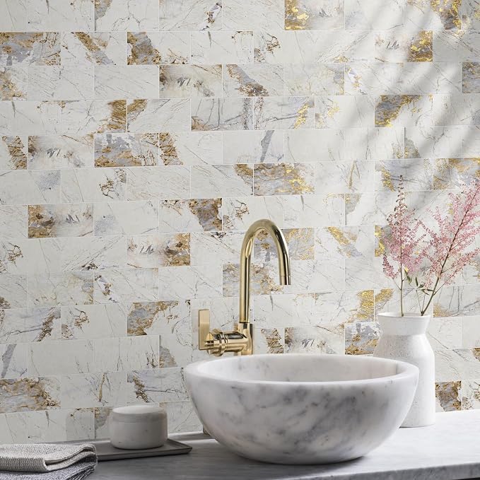Vamos Tile 100-Piece Peel and Stick Backsplash Seamless Tile,3''x6'' Glossy Pandora Marble with Gold Veining PVC Subway Tile,Stick on Backsplash for Kitchen/Bathroom/Laundry Room