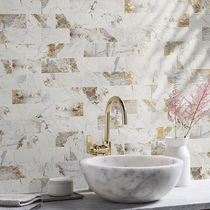 Vamos Tile 100-Piece Peel and Stick Backsplash Seamless Tile,3''x6'' Glossy Pandora Marble with Gold Veining PVC Subway Tile,Stick on Backsplash for Kitchen/Bathroom/Laundry Room