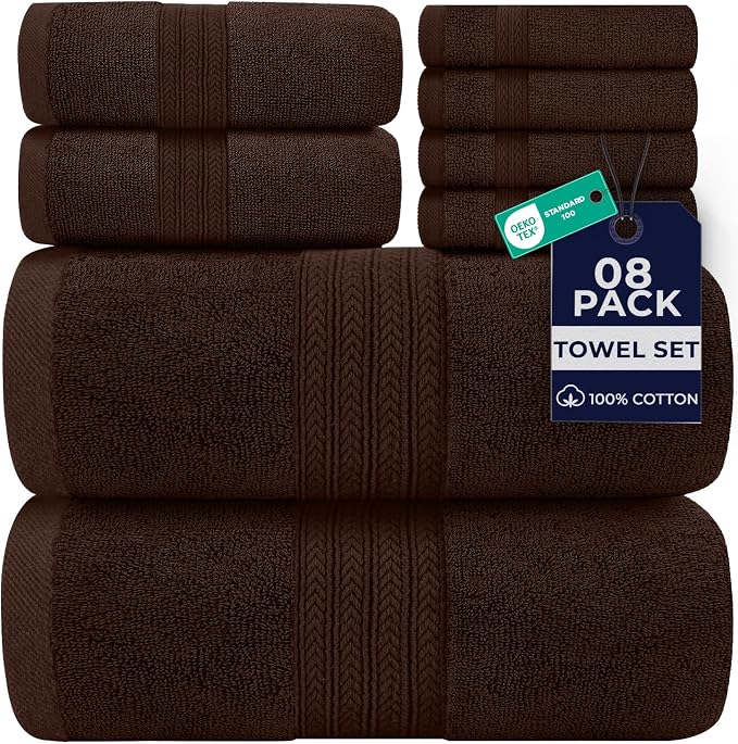 DAN RIVER 8 Piece Luxury Bath Towels for Bathroom, Towel Set, Brown | 2 Bath towels, 2 Hand towels, and 4 Wash Cloths, 600 GSM 100% Ring Spun Cotton, Highly Absorbent, Gym, Hotel, guest, and Spa