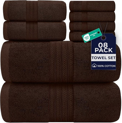 DAN RIVER 8 Piece Luxury Bath Towels for Bathroom, Towel Set, Brown | 2 Bath towels, 2 Hand towels, and 4 Wash Cloths, 600 GSM 100% Ring Spun Cotton, Highly Absorbent, Gym, Hotel, guest, and Spa
