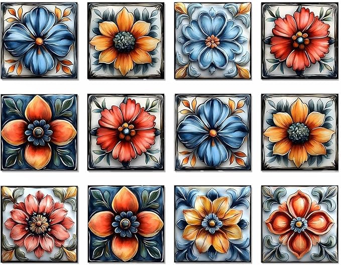 Easy Peel Stick wall Tile Stickers 6x6in Stick on backsplash Tiles,12Pcs | removable 3D tile for kitchen RV bathroom laundry backsplash decor,Ultra-high-definition printed flower pattern
