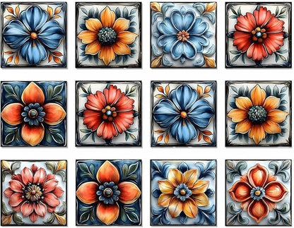 Easy Peel Stick wall Tile Stickers 6x6in Stick on backsplash Tiles,12Pcs | removable 3D tile for kitchen RV bathroom laundry backsplash decor,Ultra-high-definition printed flower pattern