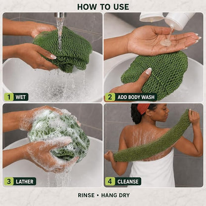 Authentic African Net Sponge, 2 Pack 45-Inch Exfoliating Bath Sponge and Shower Loofah for Body and Back, Quick-Dry Durable Knotted Mesh Scrubber (Olive Green & Light Green)
