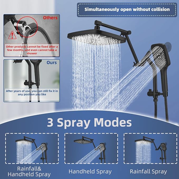 12" High Pressure Rain/Rainfall Shower Heads With Handheld Spray Combo (3+1 Settings & Built-in Power Wash Mode), Double/Dual Shower Head With Handheld - Height/Angle Adjustable(Matte Black)