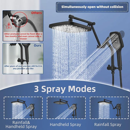 12" High Pressure Rain/Rainfall Shower Heads With Handheld Spray Combo (3+1 Settings & Built-in Power Wash Mode), Double/Dual Shower Head With Handheld - Height/Angle Adjustable(Matte Black)