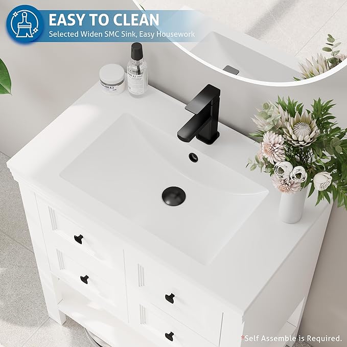 eclife 30" Bathroom Vanity with Sink Combo, Modern Painted Vanities Cabinet with Big Drawers, Opening Bottom Shelf, Raised Foot Pads, Include Undermount White Sink, Faucet & Drain, White