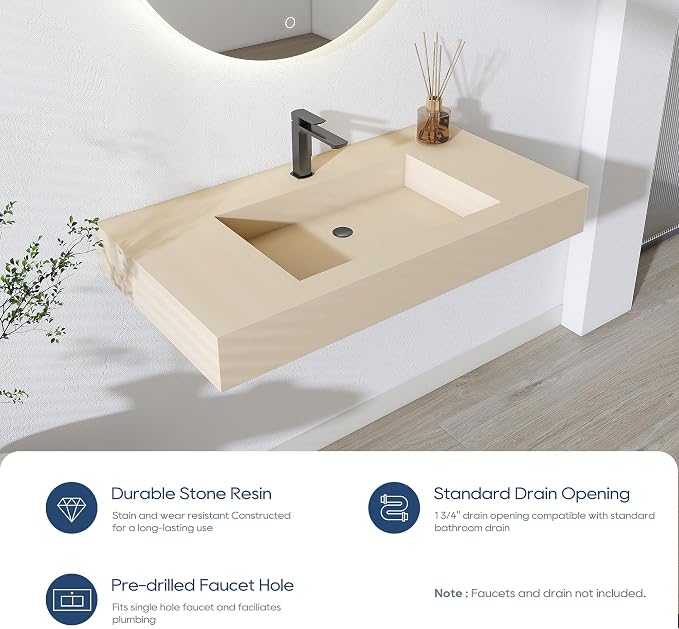 SJ STAR&JANE 35" x 19" in Solid Surface Bathroom Sink, Wall-Mount or Countertop Vessel Sink, Rectangle Floating Vanity Sink in Milk-Coffee, Pre-installed Faucet Holes, Durable Modern Design