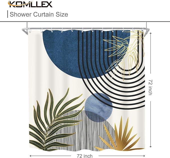 Mid Century Blue Green Boho Abstract Modern Bathroom Shower Curtain Set | 72Wx72L S Plant design, waterproof HD print with fast-drying fabric and 12 hooks.