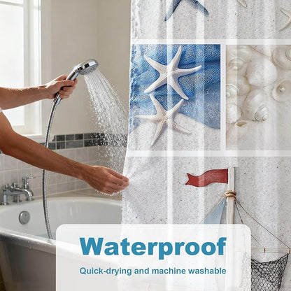 Ocean Modern Beach Shower Curtain, Rustic Luxury Coastal Nautical Kids Seashell Shower Curtains for Bathroom, Waterproof Bath Curtain with Hooks Machine Washable Bathtub Curtains 72x72 Inch Blue White