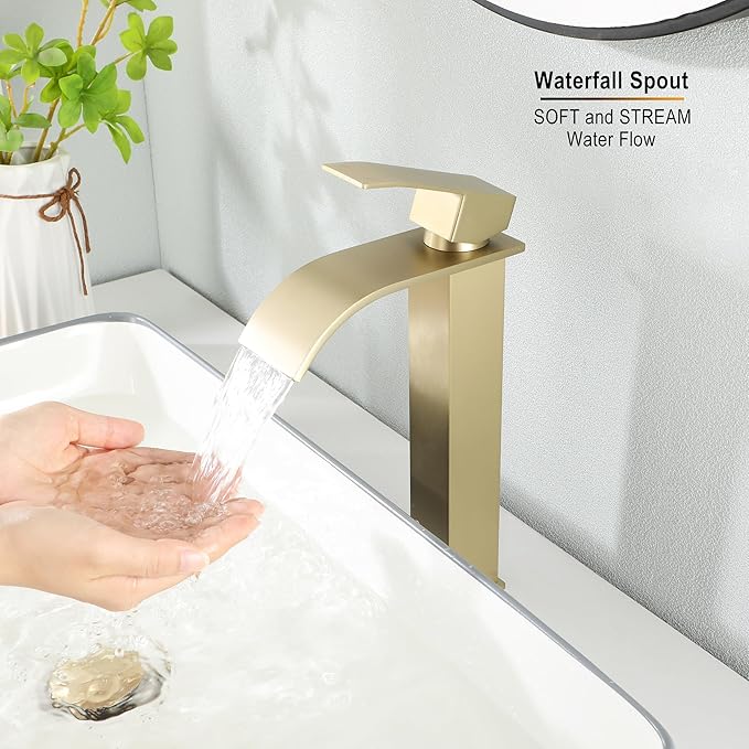 Vessel Sink Faucet, JXMMP Brushed Gold Bathroom Faucet Single Hole with Supply Hose and Pop Up Drain, Single Handle Waterfall Faucet for Bowl Sink, 1 Hole Vanity Faucet, JXM1221BG