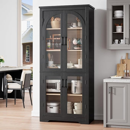 Garvee 70" Tall Kitchen Pantry Cabinet - Modern Display Cabinet with 4 Arched Glass Doors and Adjustable Shelves, Versatile Cupboard Organizers for Kitchen, Dining Room, Living Room, Bathroom, Black