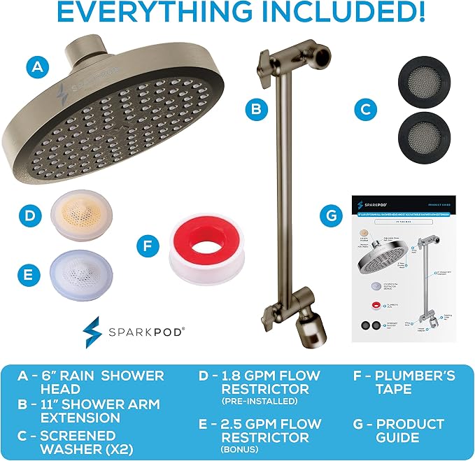 SparkPod 6" Round Rain Shower Head with 11" Shower Arm | Shower Head & Extension Arm Combo, Height Adjustable, High Pressure Performance, Easy 1-Minute Installation, Brushed Nickel