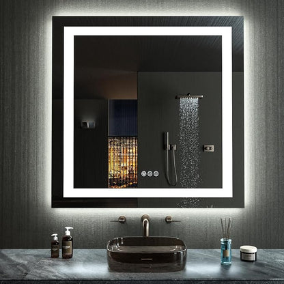 LOAAO 38"X38" LED Bathroom Mirror with Lights, Anti-Fog, Dimmable, RGB Backlit + Front Lighted, Bathroom Vanity Mirror for Wall, Memory Function, Waterproof, Tempered Glass | Anti-Fog, Dimmable, RGB Backlit + Front Lighted, Memory Function, Tempered Glass