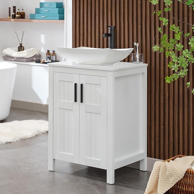 UEV 24" Bathroom Vanity with Sink Combo,Modern Freestanding Sink Cabinet,Stylish Bathroom Vanity Cabinet,Grooved Double Doors,Metal Handles (032WH New)