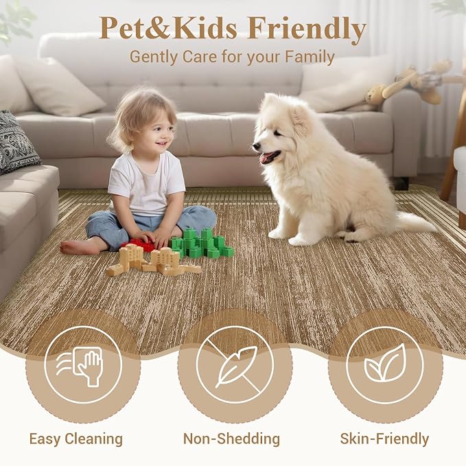 Garvee Brown Scalloped Rug 5x7 Washable Area Rug for Bedroom | Scalloped Rug 5x7, Girls Room Rug, Stain Resistant Solid Rugs for Bedroom Kids Room, Scalloped Low Pile Non-Slip Neutral Rugs