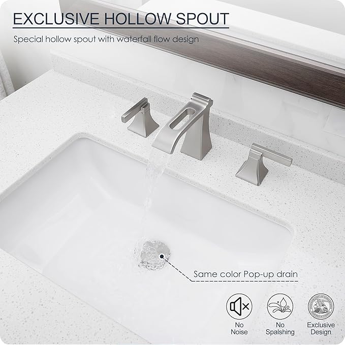 Brushed Nickel Bathroom Faucet 3 Hole, Brass Waterfall 8 Inch Widespread Bathroom Sink Faucet with Pop-Up Drain, cUPC Supply Hoses, 2 Handles for Vanity, Restroom, Modern Hollowed Design