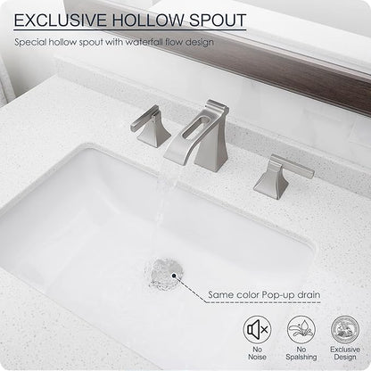 Brushed Nickel Bathroom Faucet 3 Hole, Brass Waterfall 8 Inch Widespread Bathroom Sink Faucet with Pop-Up Drain, cUPC Supply Hoses, 2 Handles for Vanity, Restroom, Modern Hollowed Design
