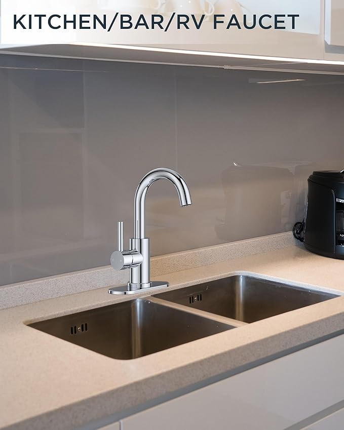 FORIOUS Single Hole Bathroom Faucets 3 Hole One Handle 360° Swivel Gooseneck Spout, Lead-Free, Suitable for Wet Bar Kitchen RV Vanity Restroom,with Pop Up Drain and Supply Line