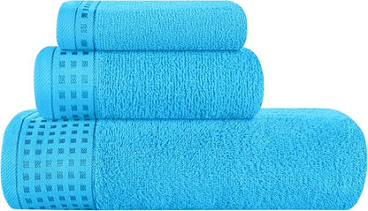 GLAMBURG Ultra Soft 3 Pack Cotton Towel Set, Contains a Bath Towel 28x55 inch, a Hand Towel 16x24 inch & a Wash Coth 12x12 inch, Ideal Everyday use, Compact & Lightweight - Turquoise Blue
