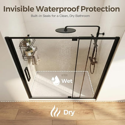 56-60" W x 72" H Semi-Frameless Pivot Swing Shower Doors | 1/4" (6mm) Clear SGCC Tempered Glass with a 24.8" walk-in opening, Matte Black Finish, Reversible, Magnetic Closing