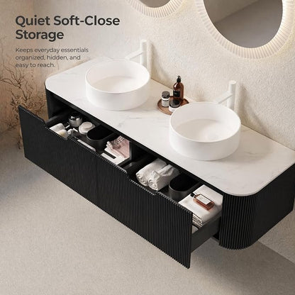 60 Inch Double Sink Bathroom Vanity, Floating Wall Mounted Cabinet, Black Curved Fluted Front, Stone Top, Dual Pure White Round Vessel Basins, Pre-Assembled