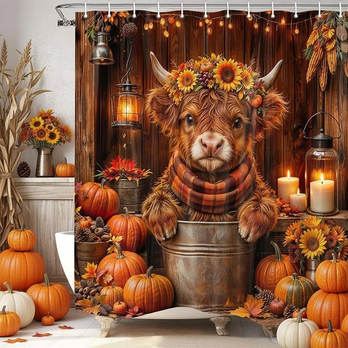 Fall Highland Cow Shower Curtain, Autumn Thanksgiving Pumpkin Funny Cow Rustic Barn Door Shower Curtain Set Bathroom, Western Farmhouse Brown Wood Board Harvest Fabric Bath Decor with Hooks,60X70IN