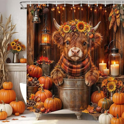 Fall Highland Cow Shower Curtain, Autumn Thanksgiving Pumpkin Funny Cow Rustic Barn Door Shower Curtain Set Bathroom, Western Farmhouse Brown Wood Board Harvest Fabric Bath Decor with Hooks,60X70IN