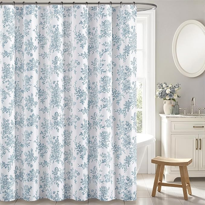 Extra Long Blue Floral Shower Curtain W72*L84 Inches Long | Linen Textured Fabric, 12 Rustproof Metal Hooks, Wrinkle Resistant Cloth, Machine Washable, Bathroom Decor for Cottage Core