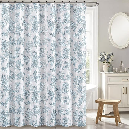 Extra Long Blue Floral Shower Curtain W72*L84 Inches Long | Linen Textured Fabric, 12 Rustproof Metal Hooks, Wrinkle Resistant Cloth, Machine Washable, Bathroom Decor for Cottage Core
