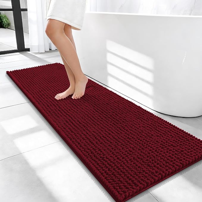 OLANLY Thick Chenille Bathroom Runner Rugs Mats 47x17, Burgundy | Soft Absorbent Bath Rugs, Rubber Backing, Machine Wash Dry, Bath Mats for Bathroom, Tub and Shower, Home Decor Accessories