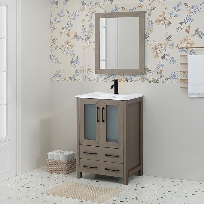 HOMEBEYOND 24 Inch Modern Bathroom Vanity with Sink & Mirror, Single Vanity Cabinet with Basin and Mirror, Dove-Tailed Drawers, Soft-Closing Doors, Wood, Driftwood Gray