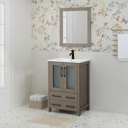 HOMEBEYOND 24 Inch Modern Bathroom Vanity with Sink & Mirror, Single Vanity Cabinet with Basin and Mirror, Dove-Tailed Drawers, Soft-Closing Doors, Wood, Driftwood Gray