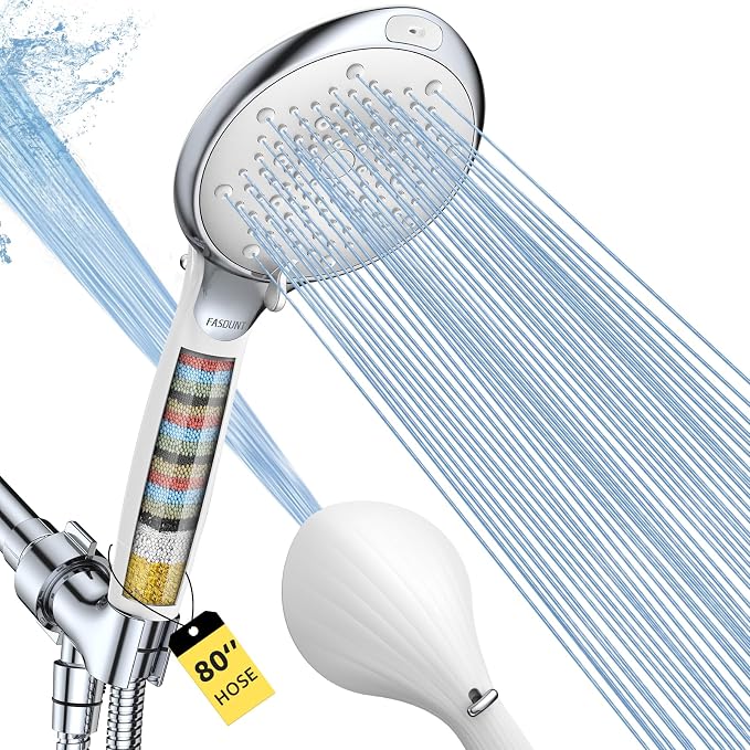 Filtered Shower Head with Handheld, 8 Spray Modes, Silver White | 80" Long Stainless Hose, Built-in Power Wash, Water Softener Filter Beads for Hard Water - Remove Chlorine, Reduce Dry Skin