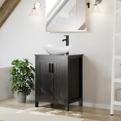 UEV Black 24" Bathroom Vanity with Sink Combo,Modern Vanity with Vessel Sink,Stylish Bathroom Vanity Cabinet,Grooved Doors & Metal Handles,Modern White Boat Vessel Sink(T44)